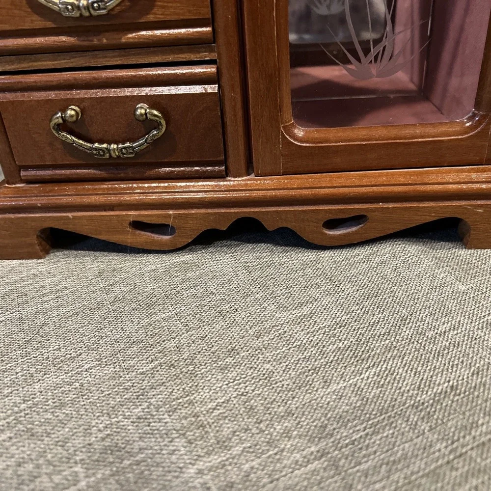 Vtg 1987 Wooden Jewelry Box Cabinet‎ 4 Drawers Etched Glass  Lift Top Organizer
